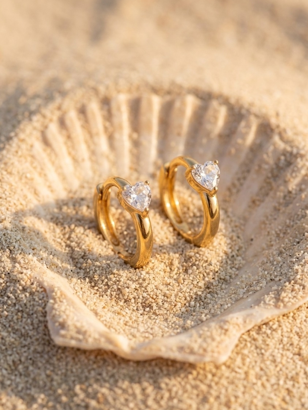 Gold Heart Hoop Earrings with Clear Heart Stone